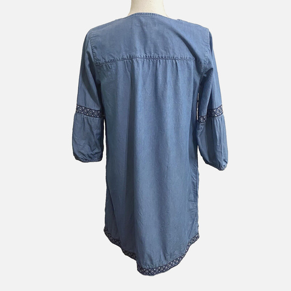 J Jill Denim Chambray Dress Womens Sz S Boho Embroidered Tassels 100% Tencel - Picture 3 of 9